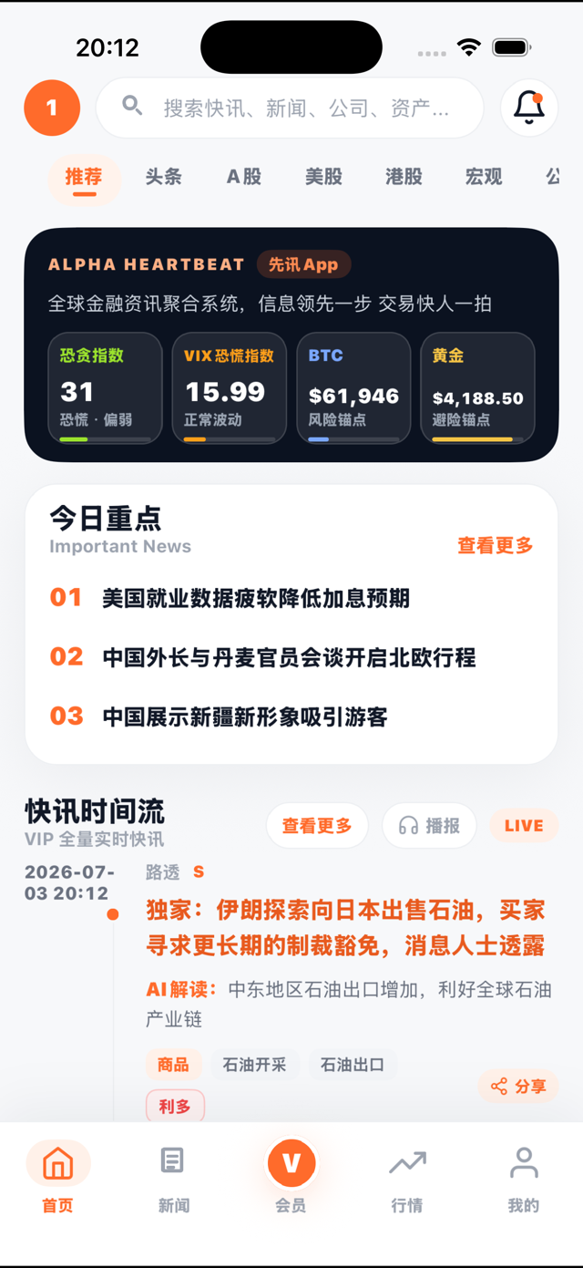 先讯 App 首页实时快讯与市场重点界面